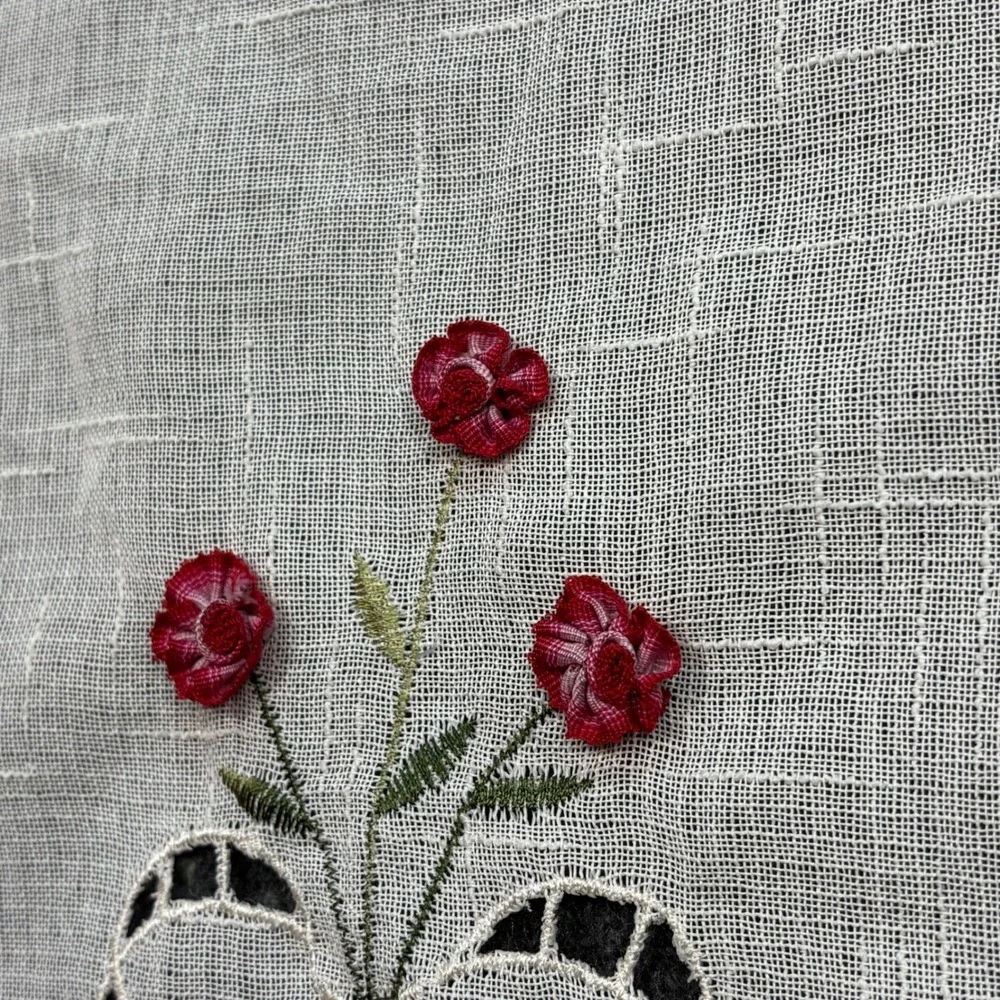 Vintage Kitchen Cafe Curtain Red Gingham White Floral Embroidery Boho Farmhouse